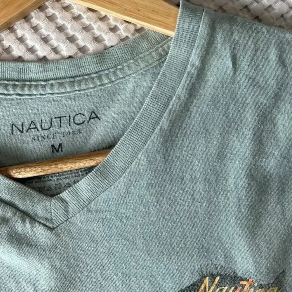 Nautica Medium Teal Fish Shirt Classic Fit V-neck Fishing Tee - Picture 3 of 6